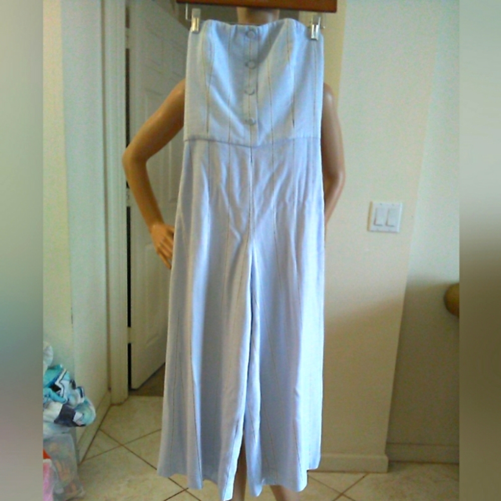 LINEN STRAPLESS JUMPSUIT CAPRI BY CLUB MONACO (NO BELT) BLUE STRIPED SZ. 0 LINED